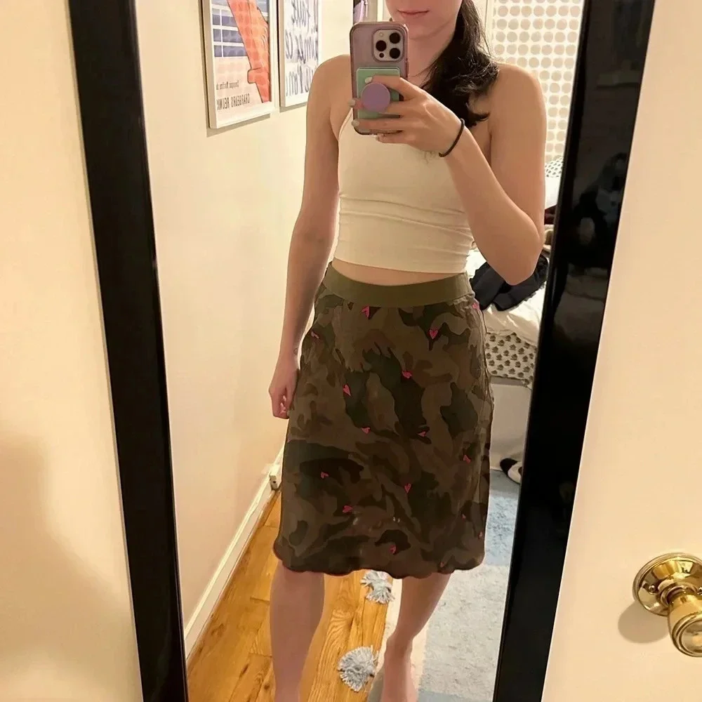 VINTAGE 100%‎ Silk camo midi skirt